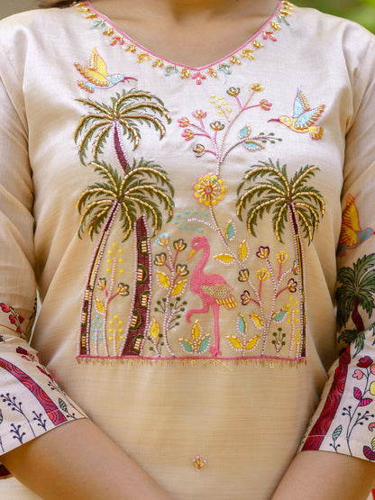 Ishita Floral Printed Handwork Silk Straight Kurta With Trousers & Dupatta Suits - FitVibe Fashion