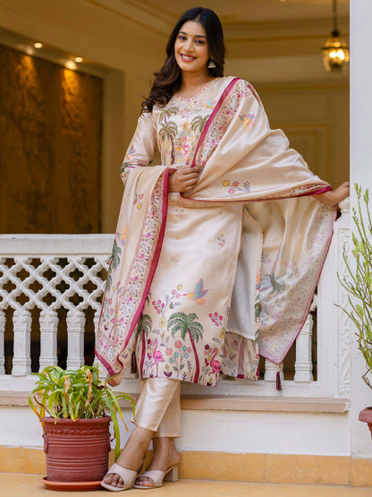 Ishita Floral Printed Handwork Silk Straight Kurta With Trousers & Dupatta Suits - FitVibe Fashion
