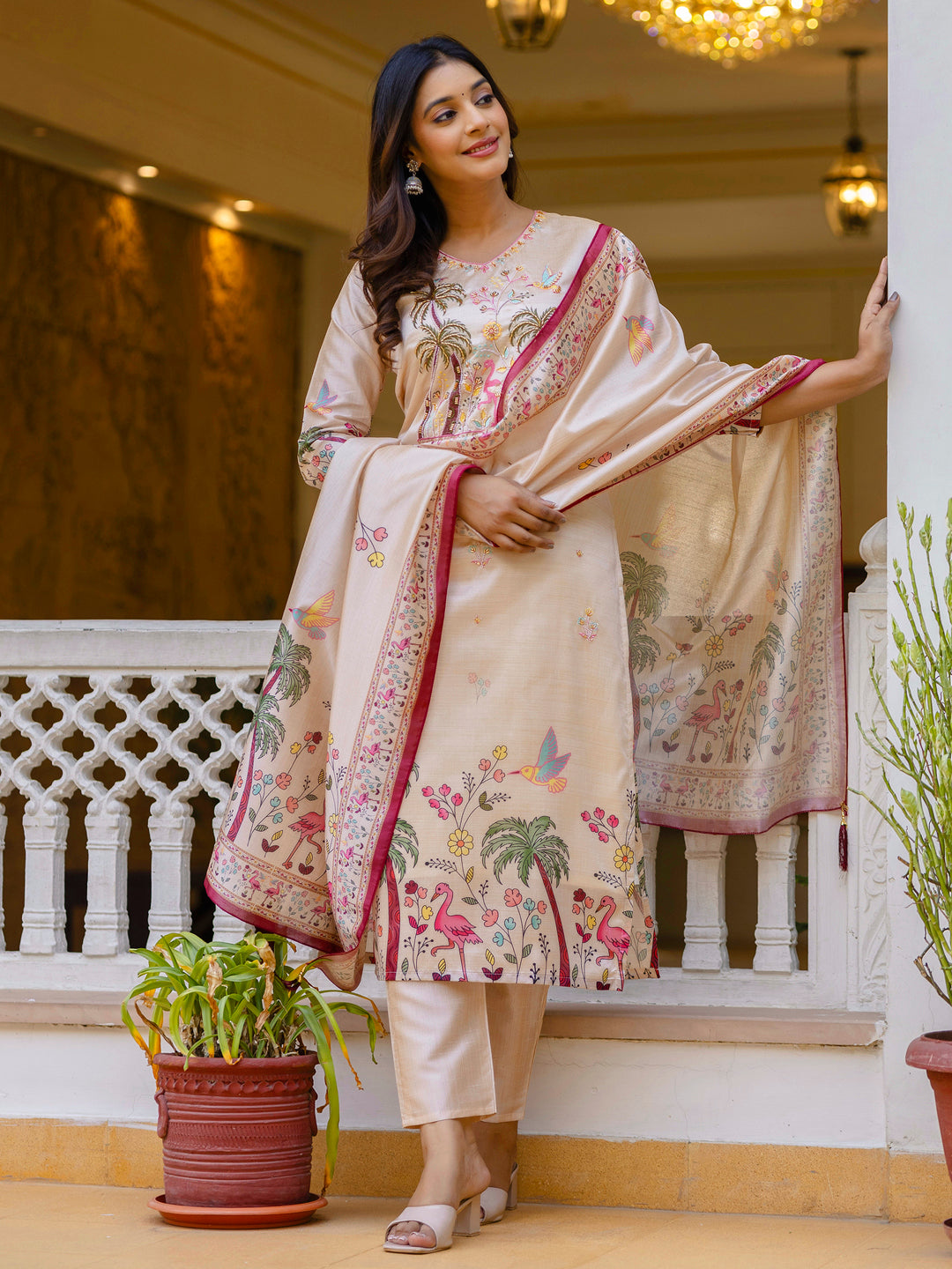 Ishita Floral Printed Handwork Silk Straight Kurta With Trousers & Dupatta Suits - FitVibe Fashion