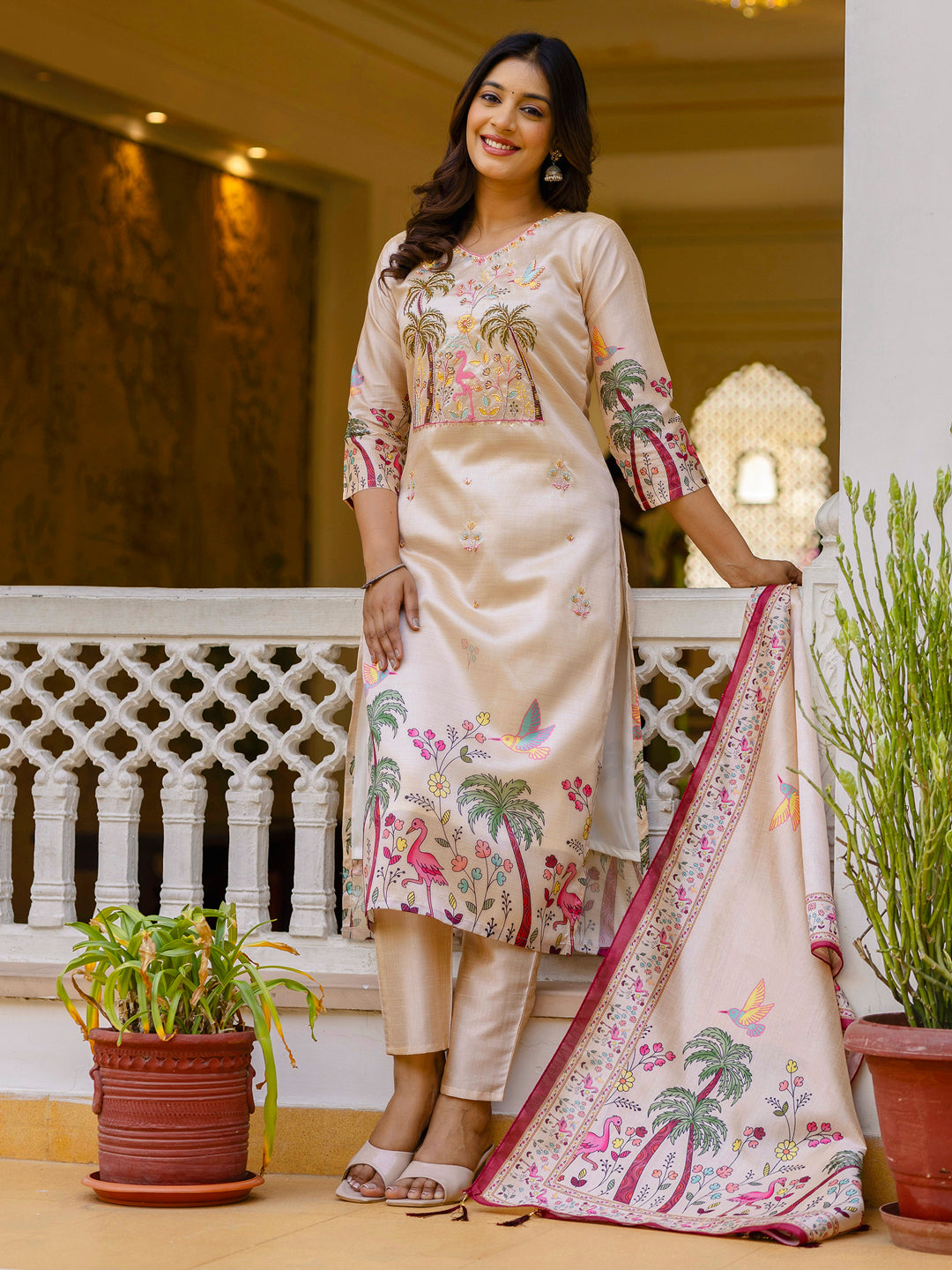 Ishita Floral Printed Handwork Silk Straight Kurta With Trousers & Dupatta Suits - FitVibe Fashion