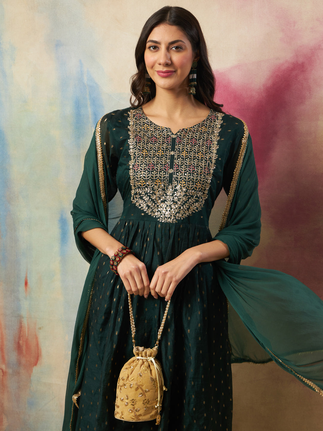 Dakshini Women Flared Kurta and Trousers Pant Set Cotton Silk Blend - FitVibe Fashion