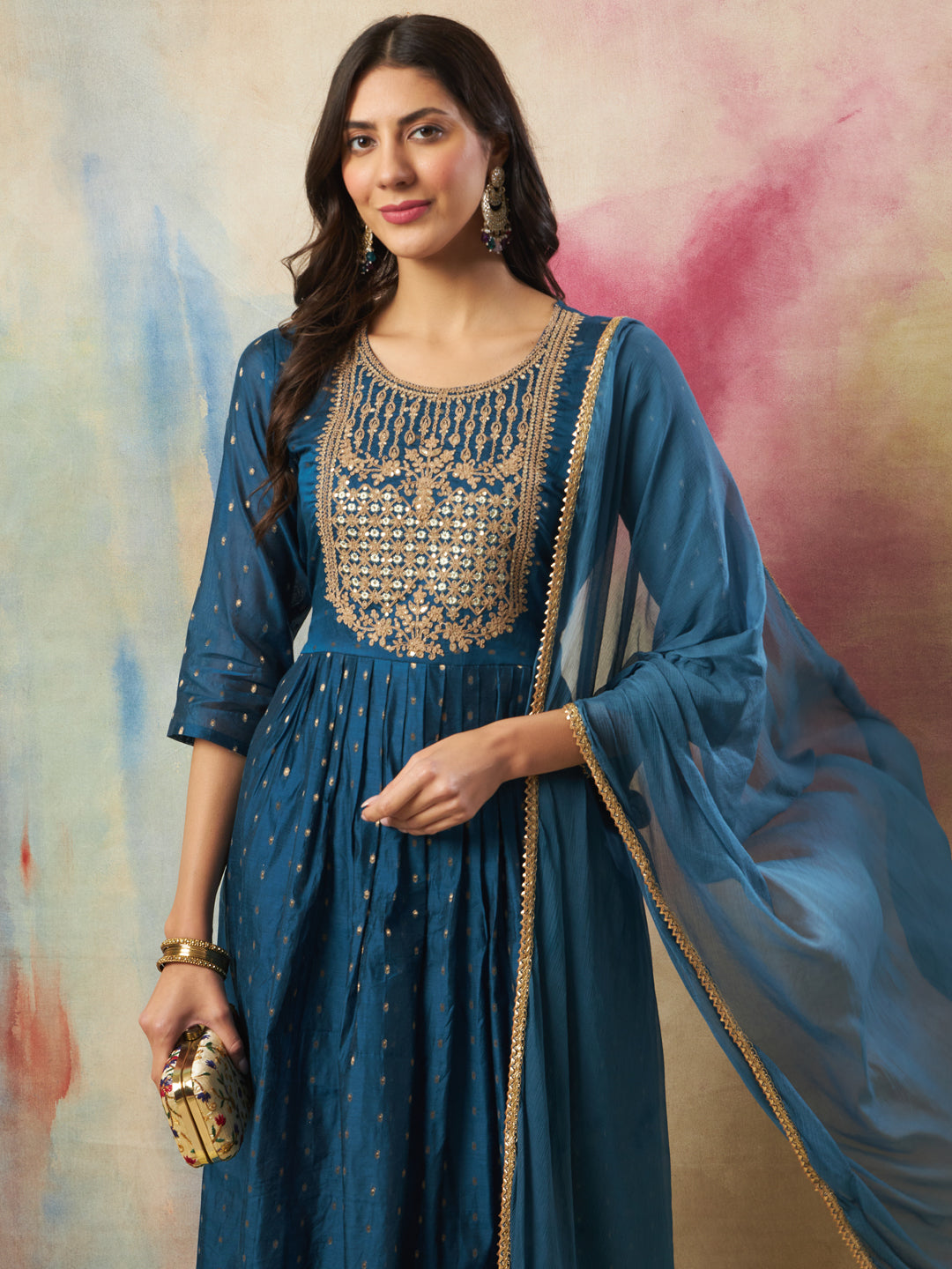 Nritya Women Flared Kurta and Trousers Pant Set Cotton Silk Blend - FitVibe Fashion