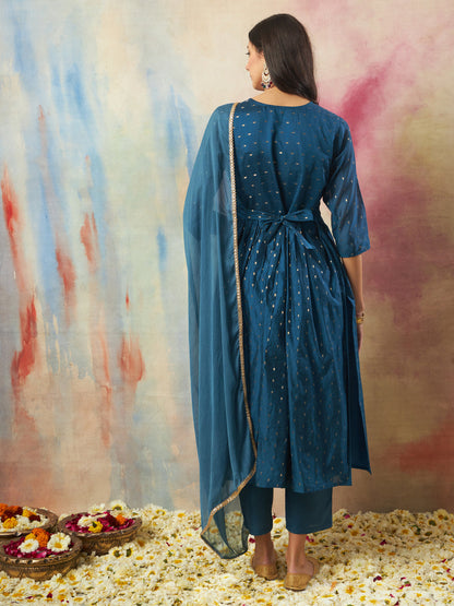 Nritya Women Flared Kurta and Trousers Pant Set Cotton Silk Blend - FitVibe Fashion