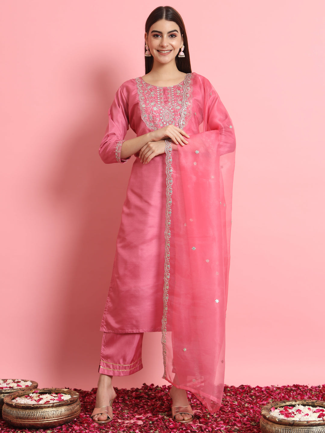 Shringar Silk Blend Embroidered Kurta Set with Dupatta - FitVibe Fashion