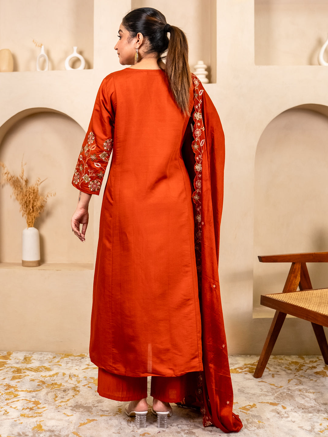 Rust Women Anarkali Kurta with Pant & Chinon Dupatta Suits, Festive Ethnic Set - FitVibe Fashion