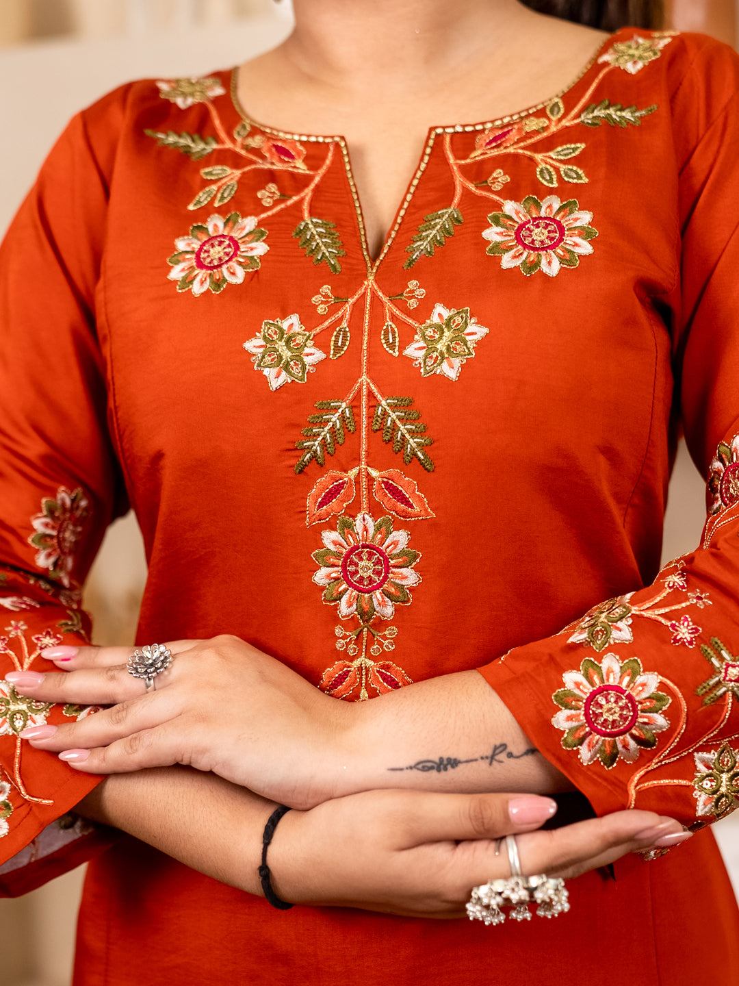 Rust Women Anarkali Kurta with Pant & Chinon Dupatta Suits, Festive Ethnic Set - FitVibe Fashion