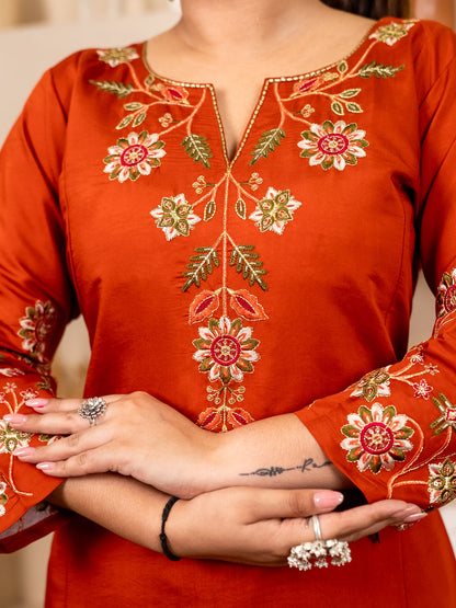 Rust Women Anarkali Kurta with Pant & Chinon Dupatta Suits, Festive Ethnic Set - FitVibe Fashion