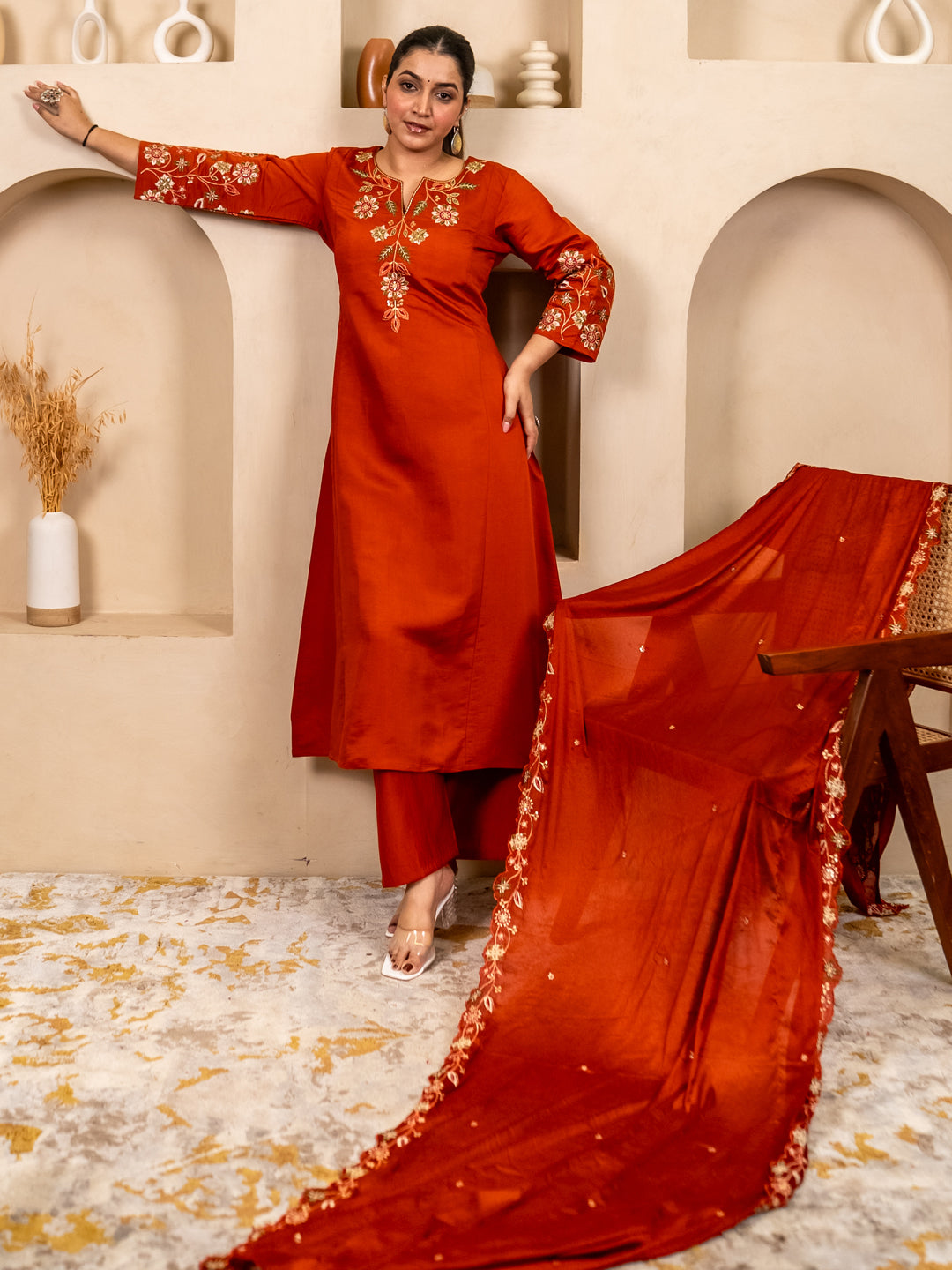 Rust Women Anarkali Kurta with Pant & Chinon Dupatta Suits, Festive Ethnic Set - FitVibe Fashion