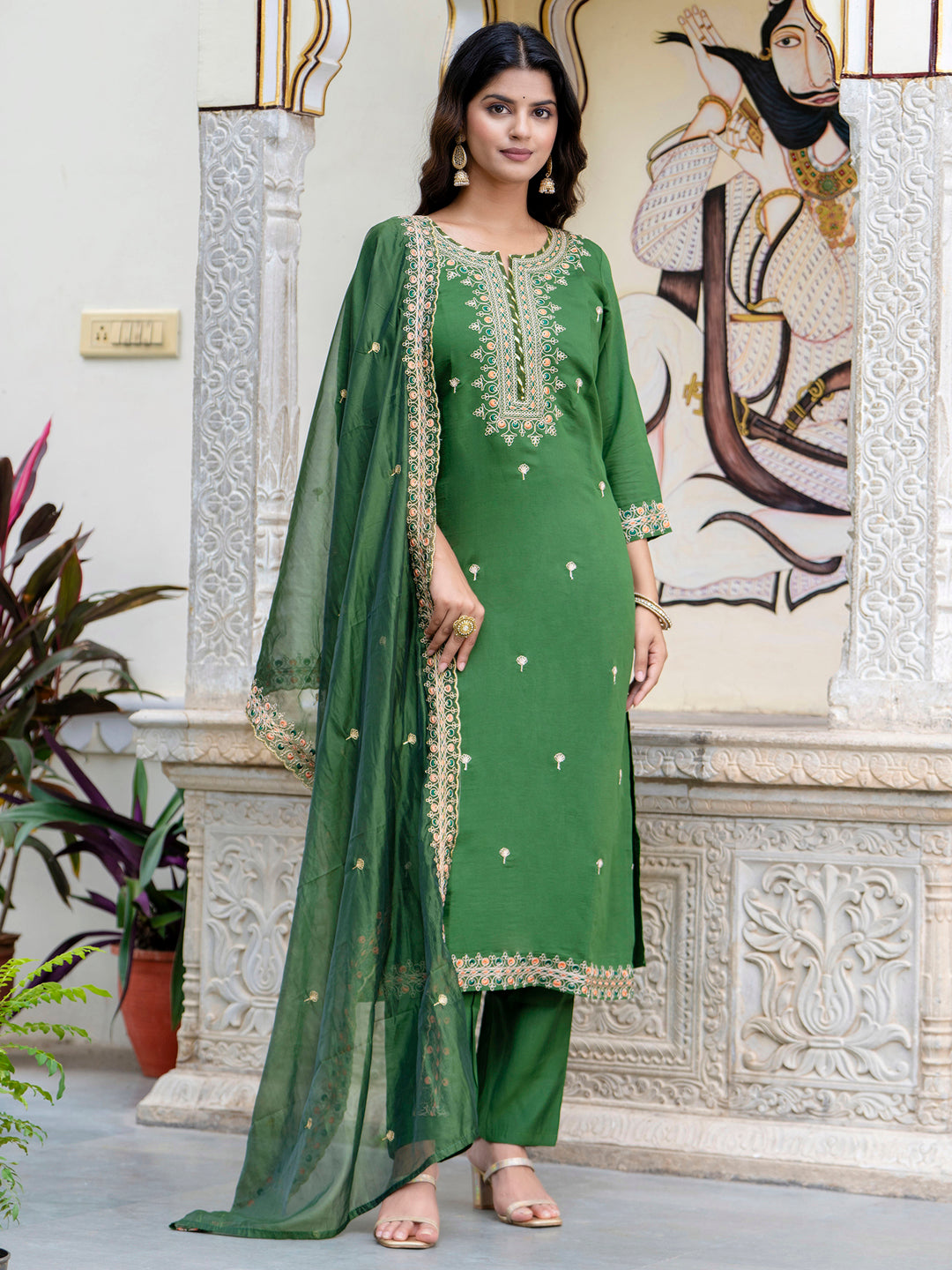 Women's Embroidered Silk Blend Calf Length Straight Kurta Trouser with Dupatta Set - FitVibe Fashion