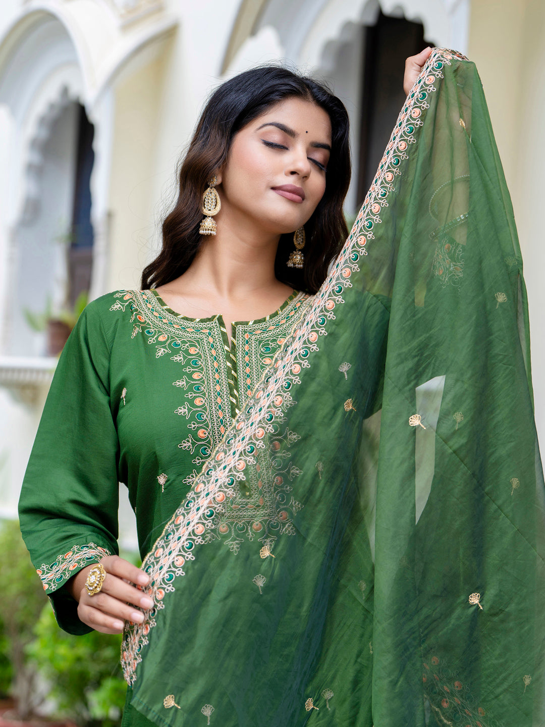 Women's Embroidered Silk Blend Calf Length Straight Kurta Trouser with Dupatta Set - FitVibe Fashion