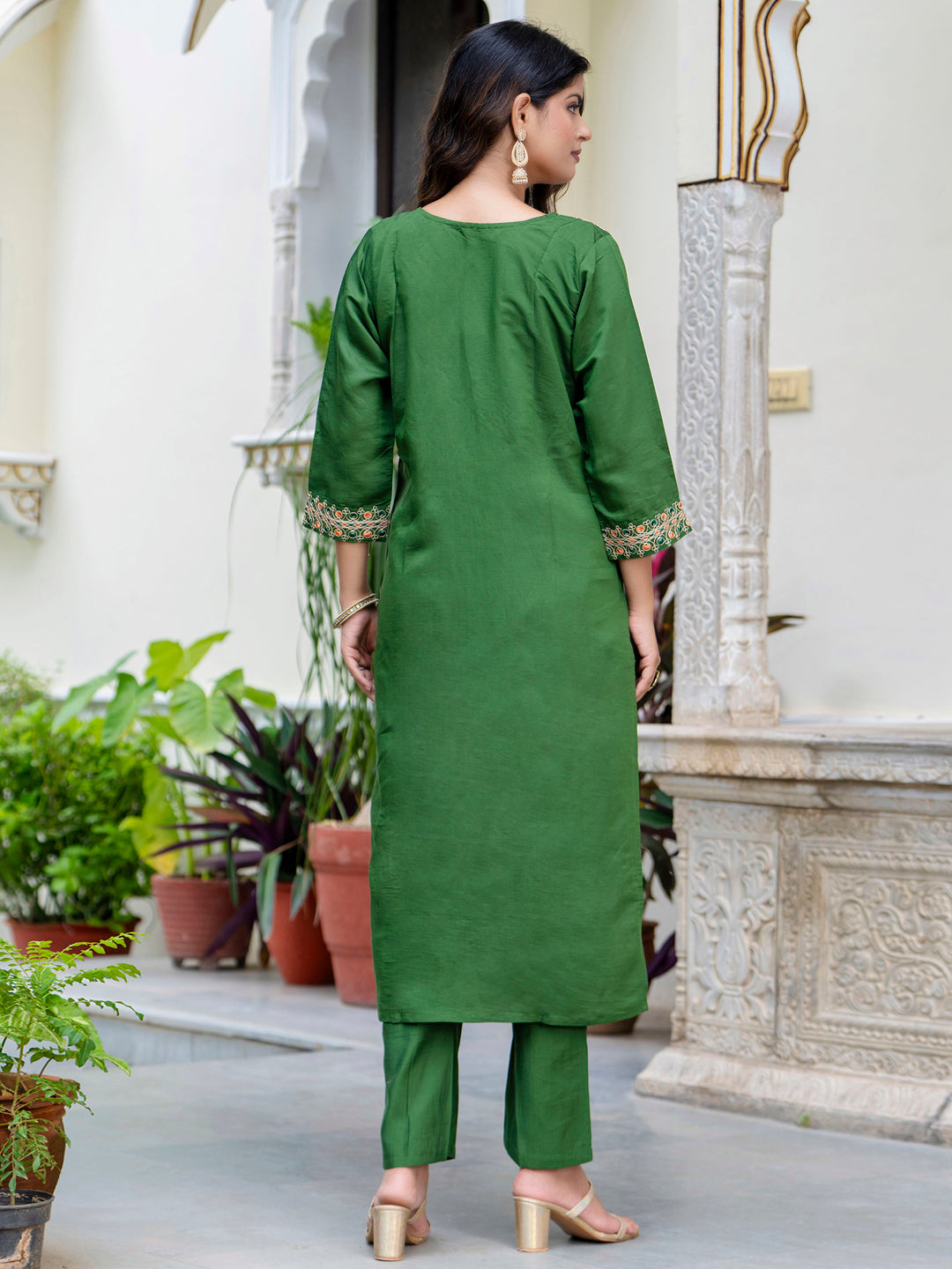 Women's Embroidered Silk Blend Calf Length Straight Kurta Trouser with Dupatta Set - FitVibe Fashion