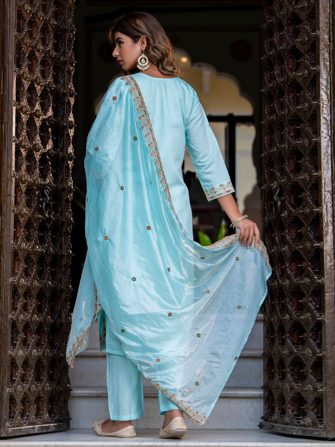 Women's Embroidered Silk Blend Calf Length Straight Kurta Trouser with Dupatta Set - FitVibe Fashion