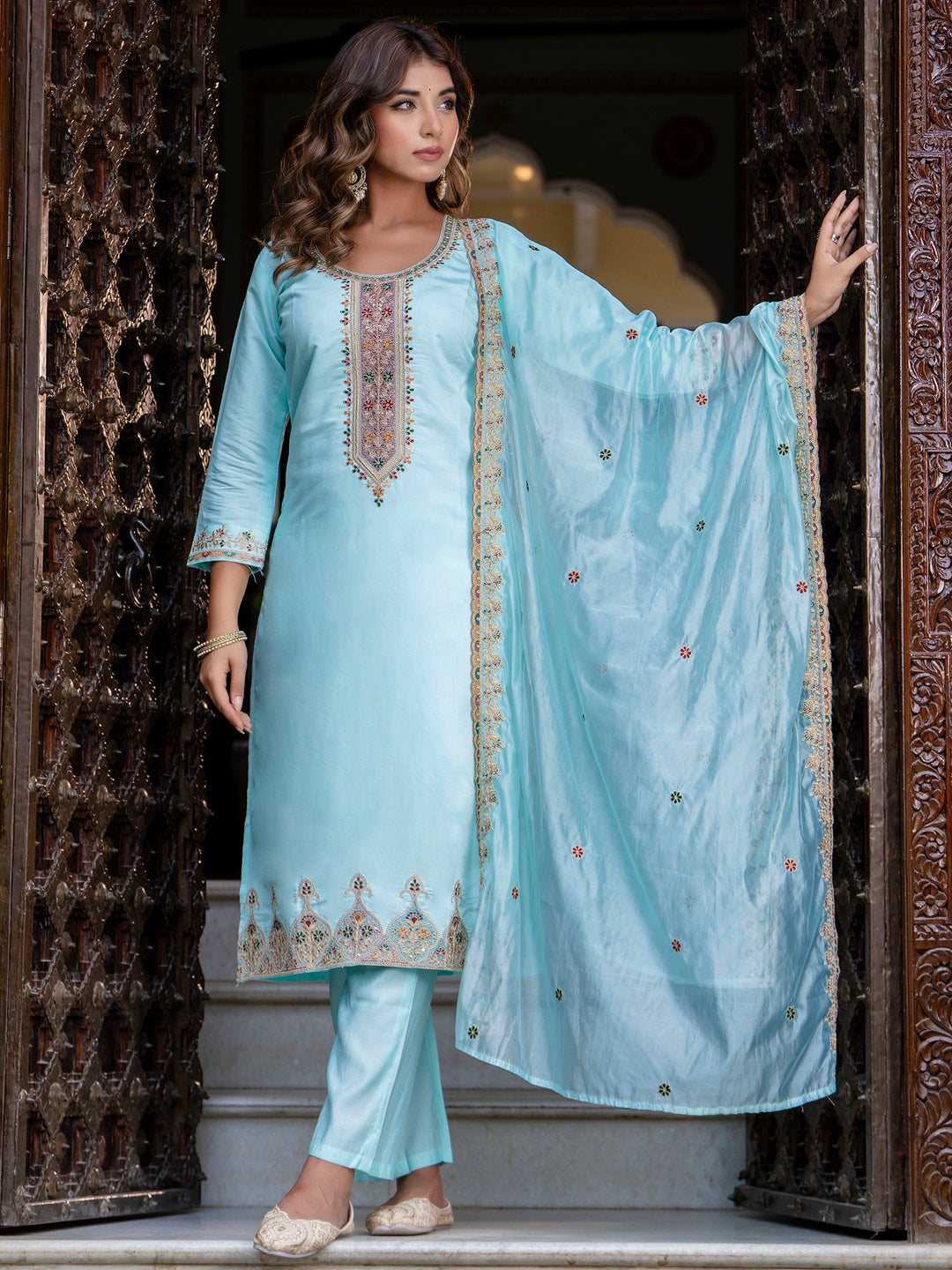 Women's Embroidered Silk Blend Calf Length Straight Kurta Trouser with Dupatta Set - FitVibe Fashion