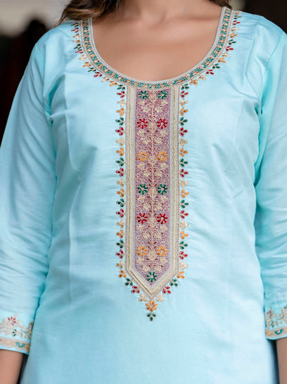 Women's Embroidered Silk Blend Calf Length Straight Kurta Trouser with Dupatta Set - FitVibe Fashion