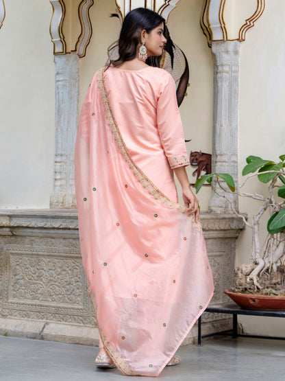 Women's Embroidered Silk Blend Calf Length Straight Kurta Trouser with Dupatta Set - FitVibe Fashion