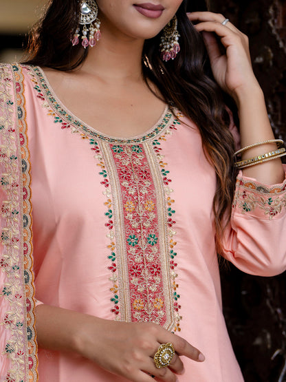 Women's Embroidered Silk Blend Calf Length Straight Kurta Trouser with Dupatta Set - FitVibe Fashion