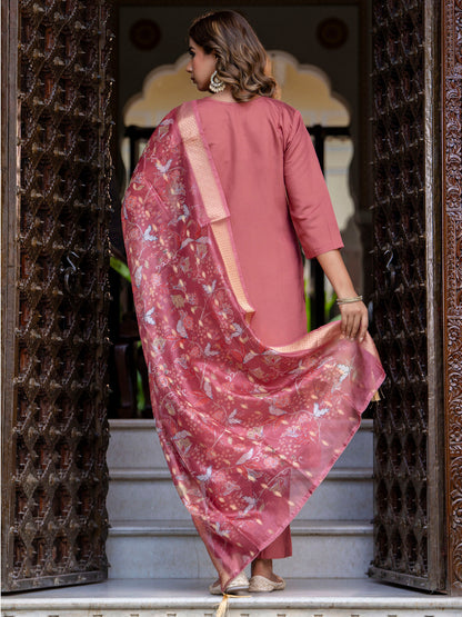 Women's Embroidered Silk Blend Calf Length Straight Kurta Trouser with Dupatta Set - FitVibe Fashion