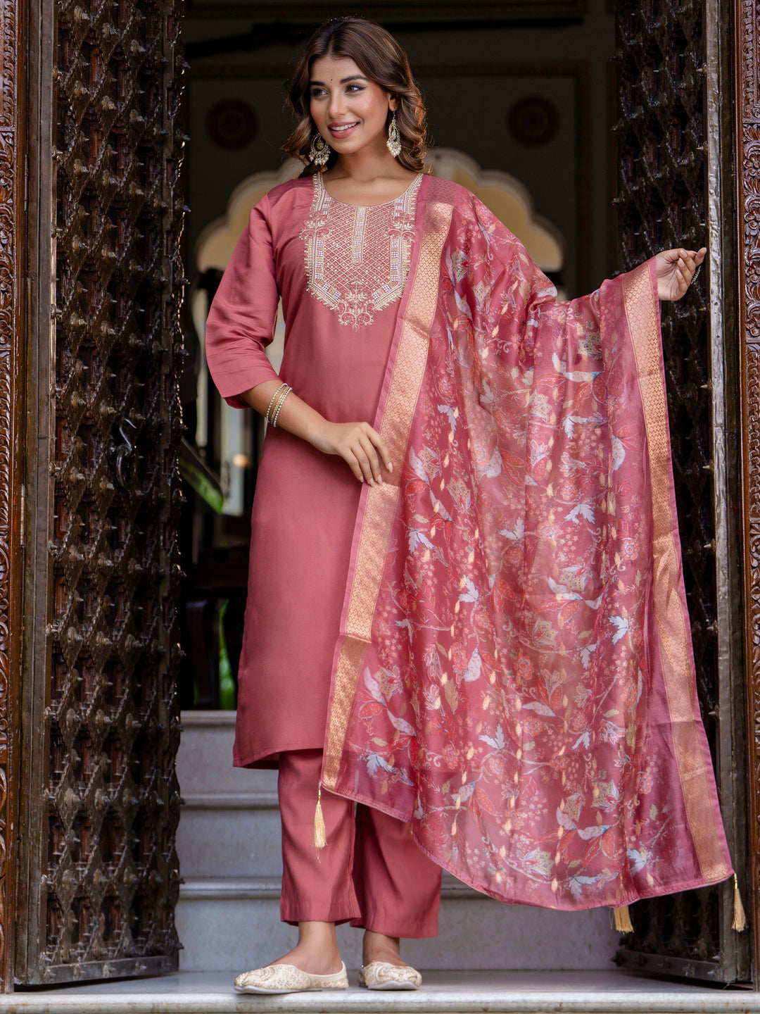 Women's Embroidered Silk Blend Calf Length Straight Kurta Trouser with Dupatta Set - FitVibe Fashion