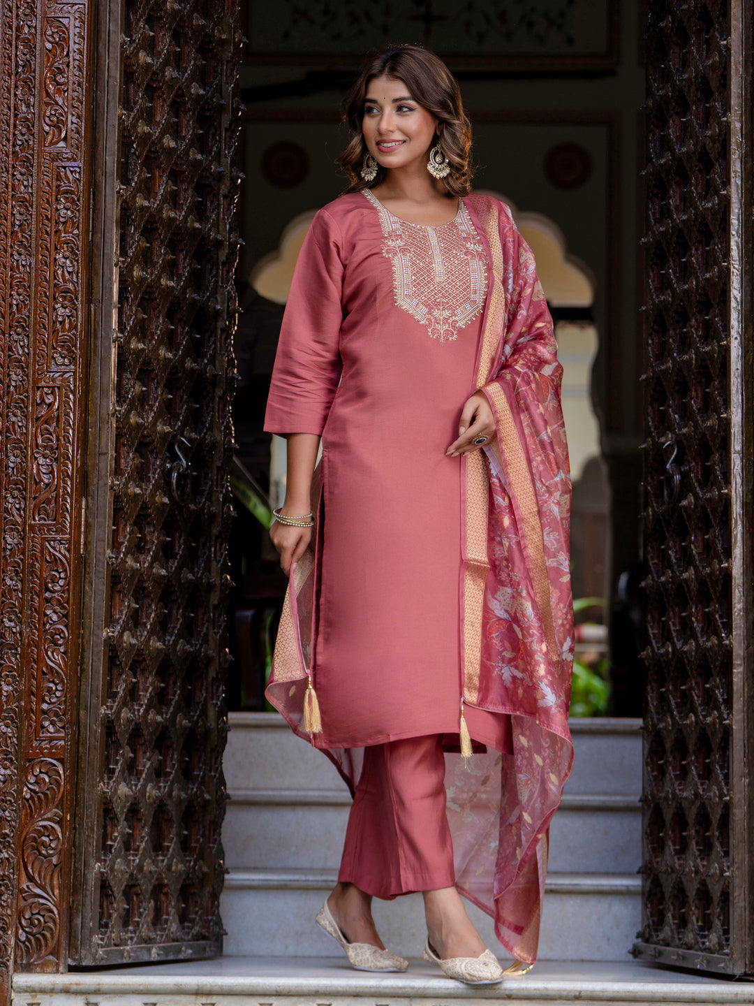 Women's Embroidered Silk Blend Calf Length Straight Kurta Trouser with Dupatta Set - FitVibe Fashion