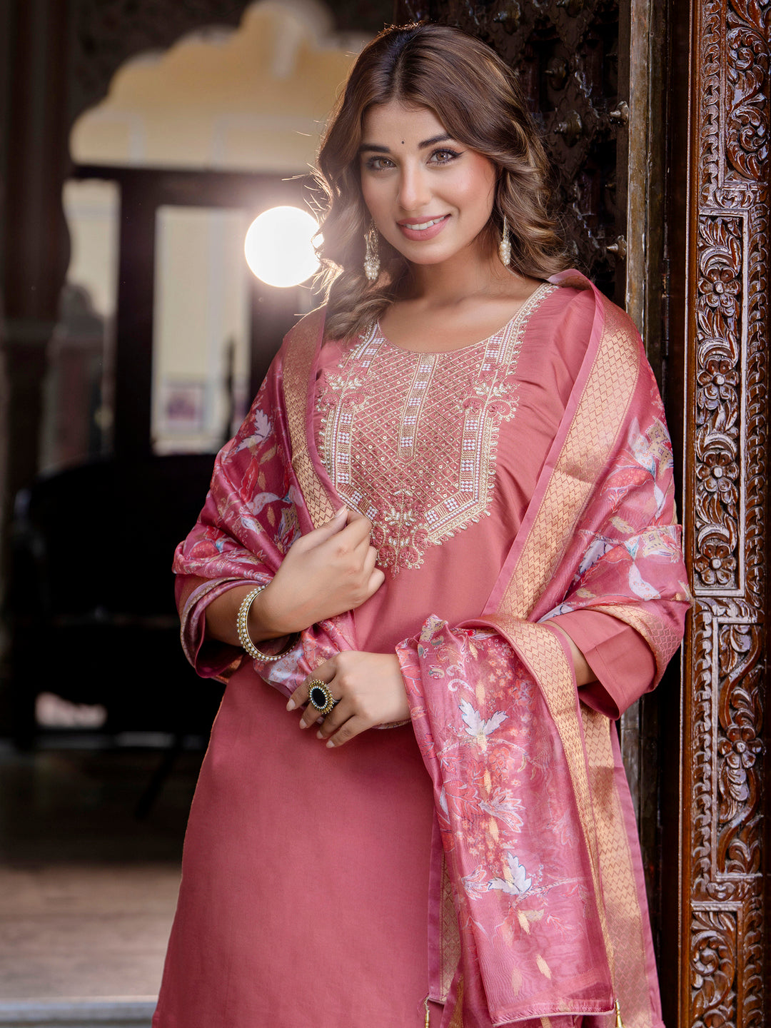 Women's Embroidered Silk Blend Calf Length Straight Kurta Trouser with Dupatta Set - FitVibe Fashion