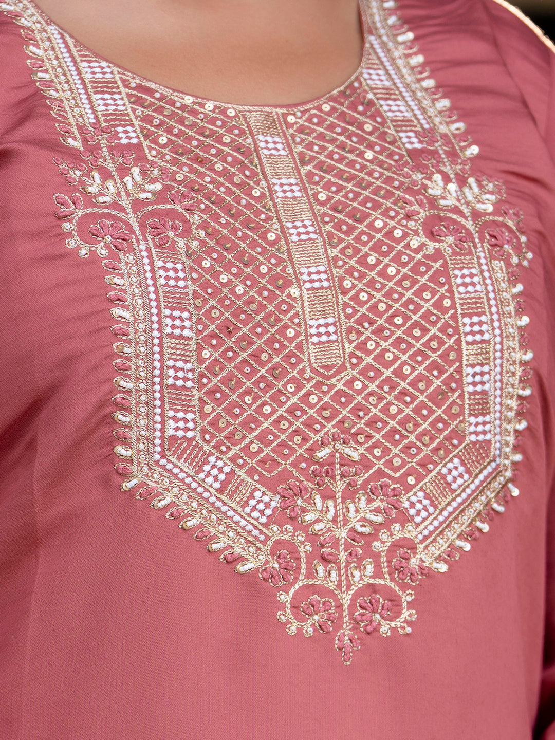 Women's Embroidered Silk Blend Calf Length Straight Kurta Trouser with Dupatta Set - FitVibe Fashion