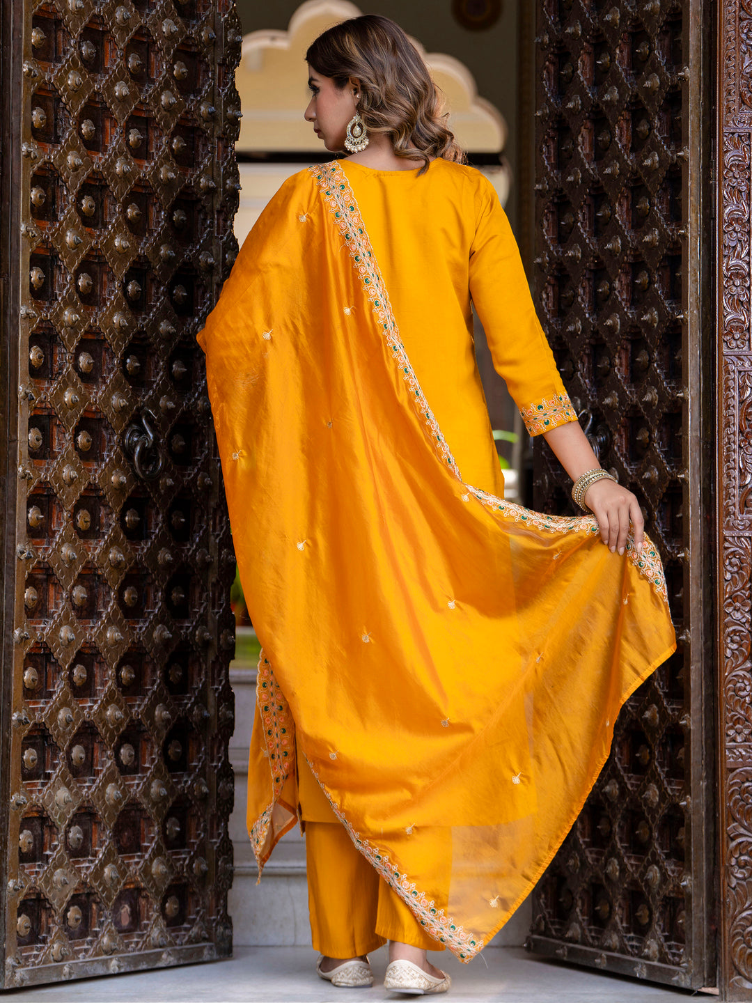 Women's Embroidered Silk Blend Calf Length Straight Kurta Trouser with Dupatta Set - FitVibe Fashion