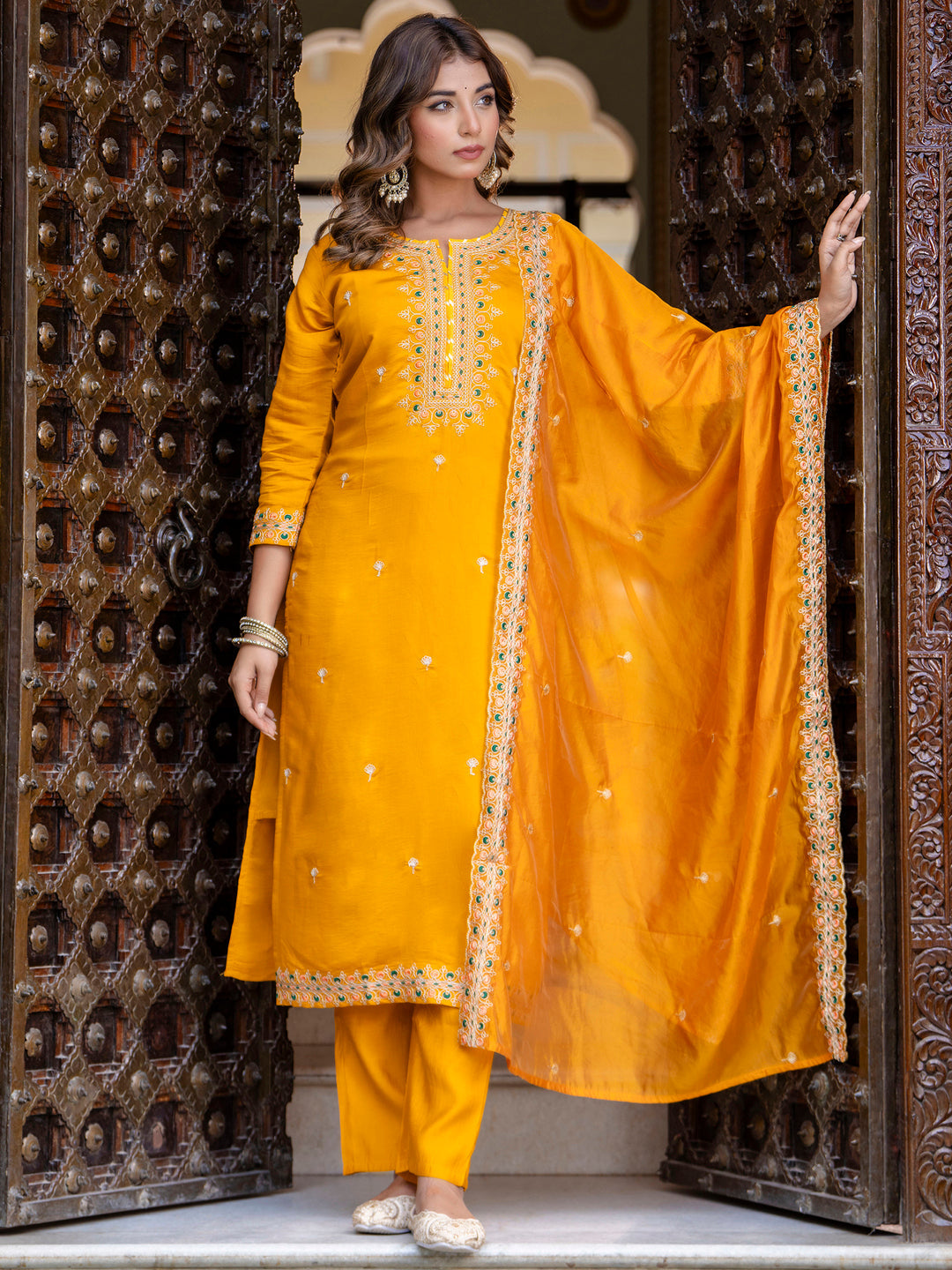 Women's Embroidered Silk Blend Calf Length Straight Kurta Trouser with Dupatta Set - FitVibe Fashion