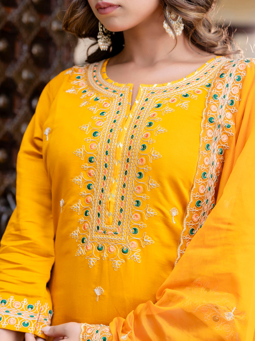 Women's Embroidered Silk Blend Calf Length Straight Kurta Trouser with Dupatta Set - FitVibe Fashion