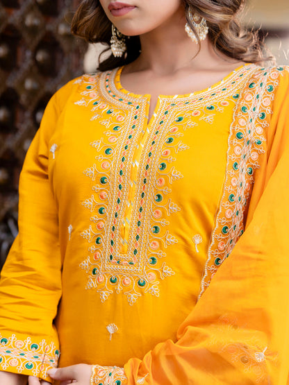 Women's Embroidered Silk Blend Calf Length Straight Kurta Trouser with Dupatta Set - FitVibe Fashion