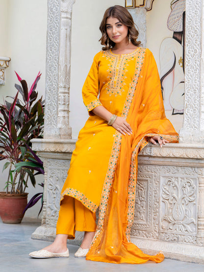 Women's Embroidered Silk Blend Calf Length Straight Kurta Trouser with Dupatta Set - FitVibe Fashion