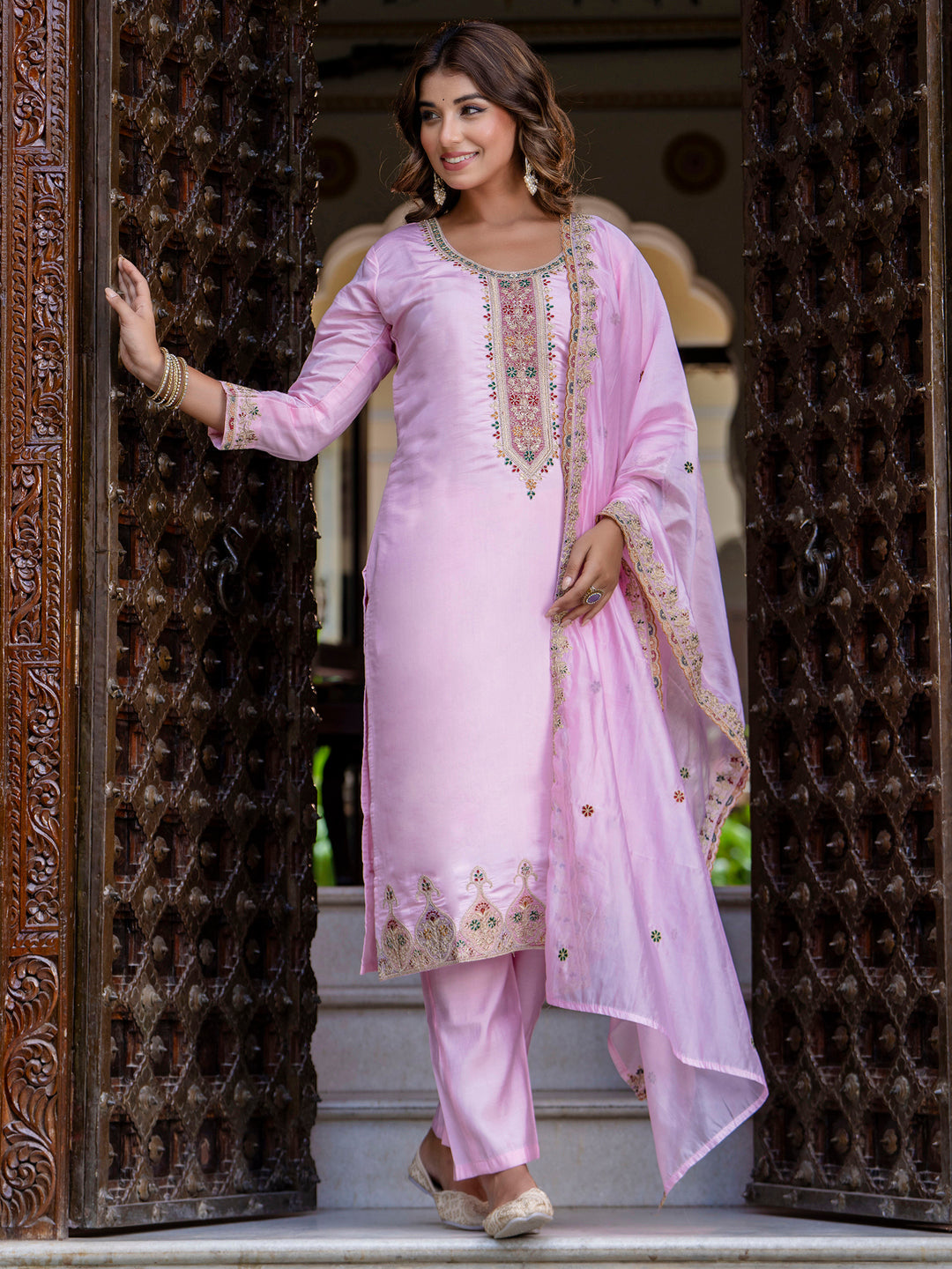 Women's Embroidered Silk Blend Calf Length Straight Kurta Trouser with Dupatta Set - FitVibe Fashion