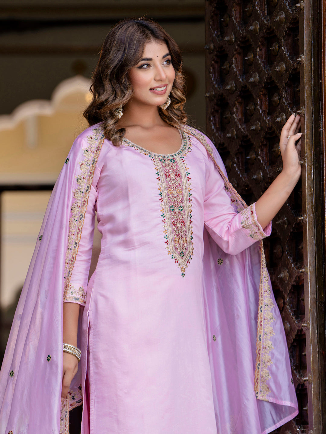 Women's Embroidered Silk Blend Calf Length Straight Kurta Trouser with Dupatta Set - FitVibe Fashion