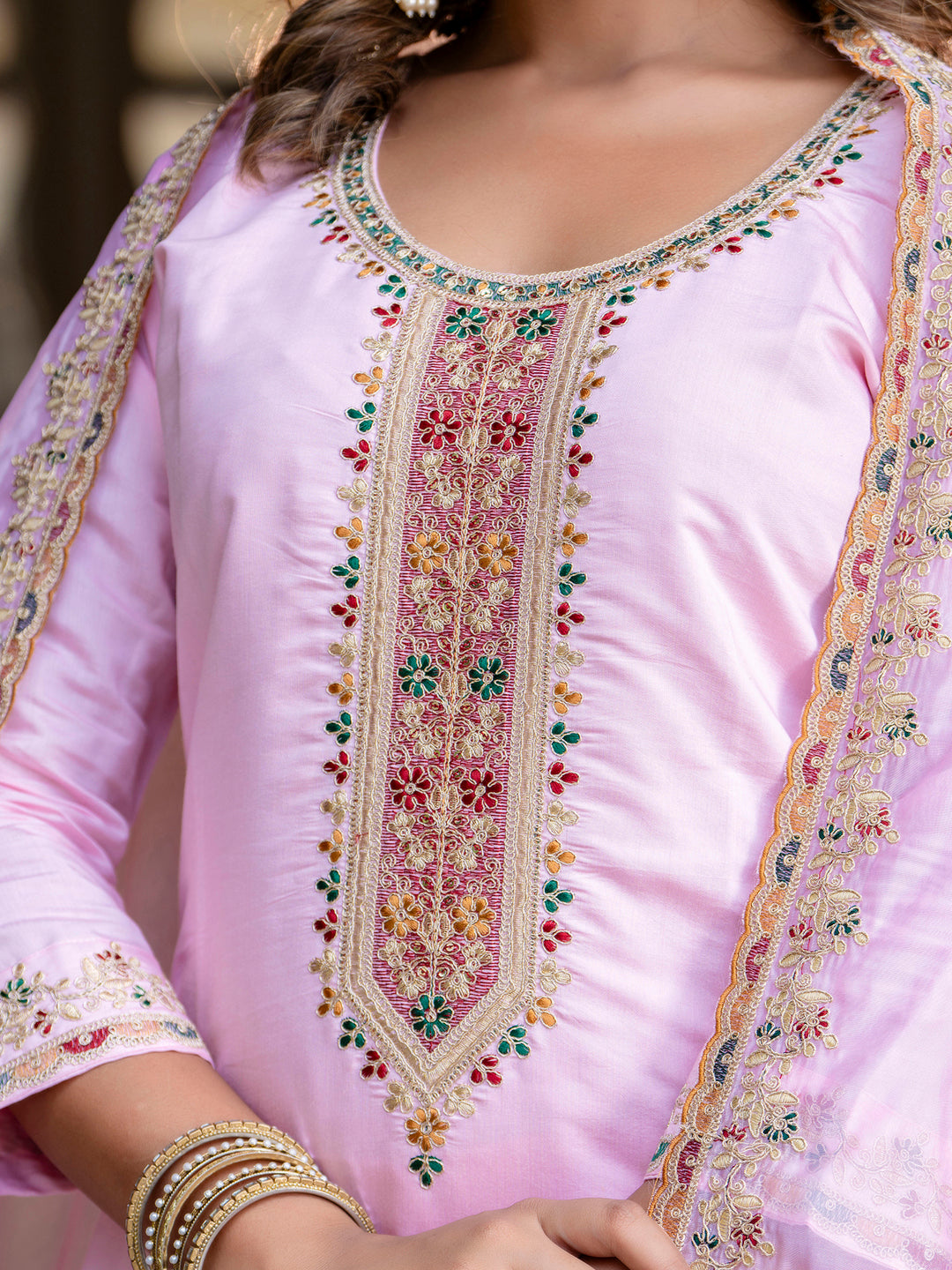 Women's Embroidered Silk Blend Calf Length Straight Kurta Trouser with Dupatta Set - FitVibe Fashion