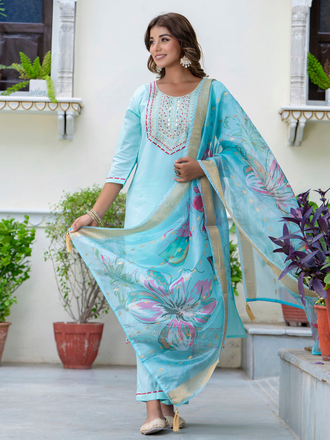 Women's Embroidered Silk Blend Calf Length Straight Kurta Trouser with Dupatta Set - FitVibe Fashion