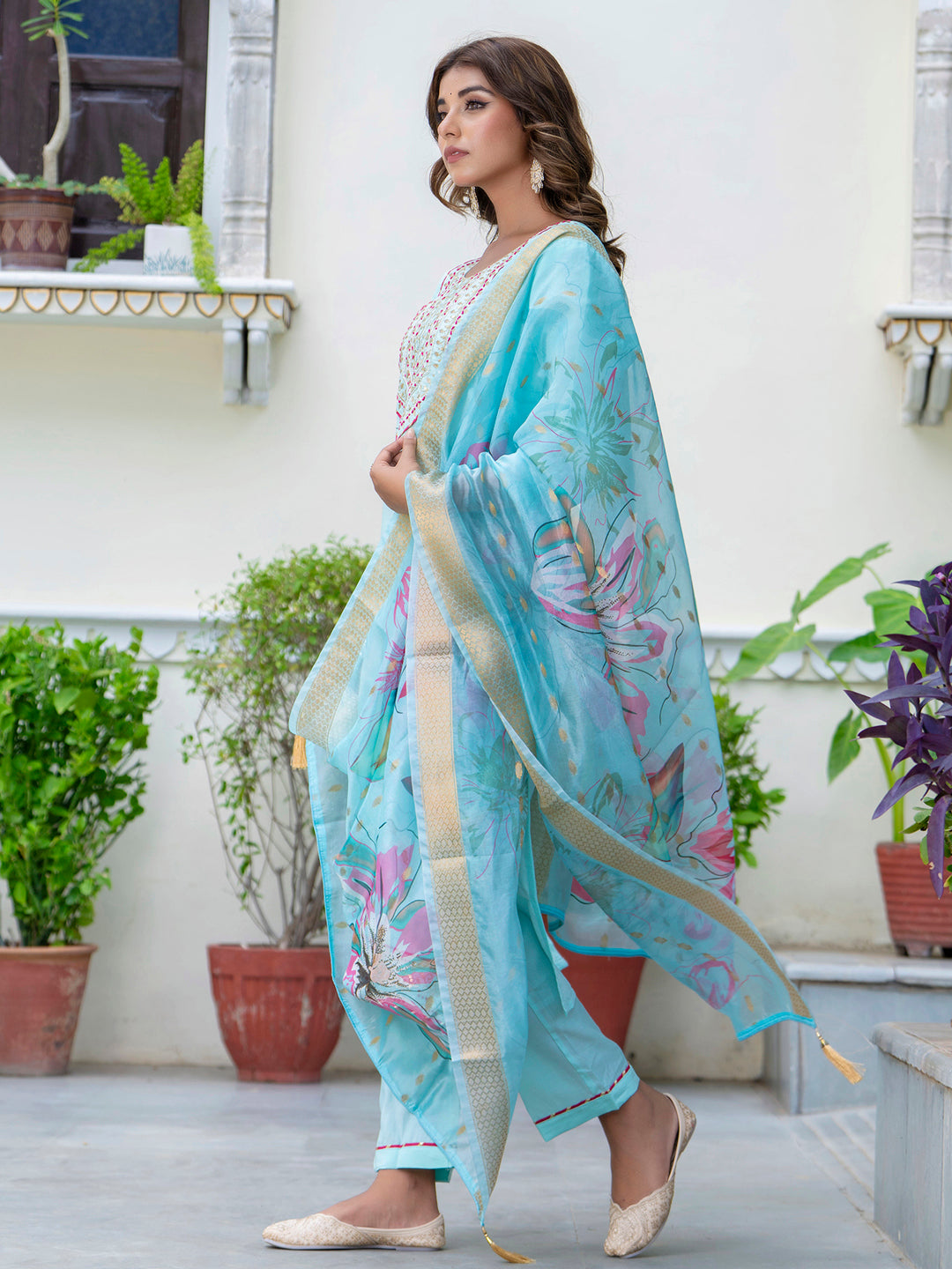 Women's Embroidered Silk Blend Calf Length Straight Kurta Trouser with Dupatta Set - FitVibe Fashion