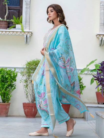 Women's Embroidered Silk Blend Calf Length Straight Kurta Trouser with Dupatta Set - FitVibe Fashion