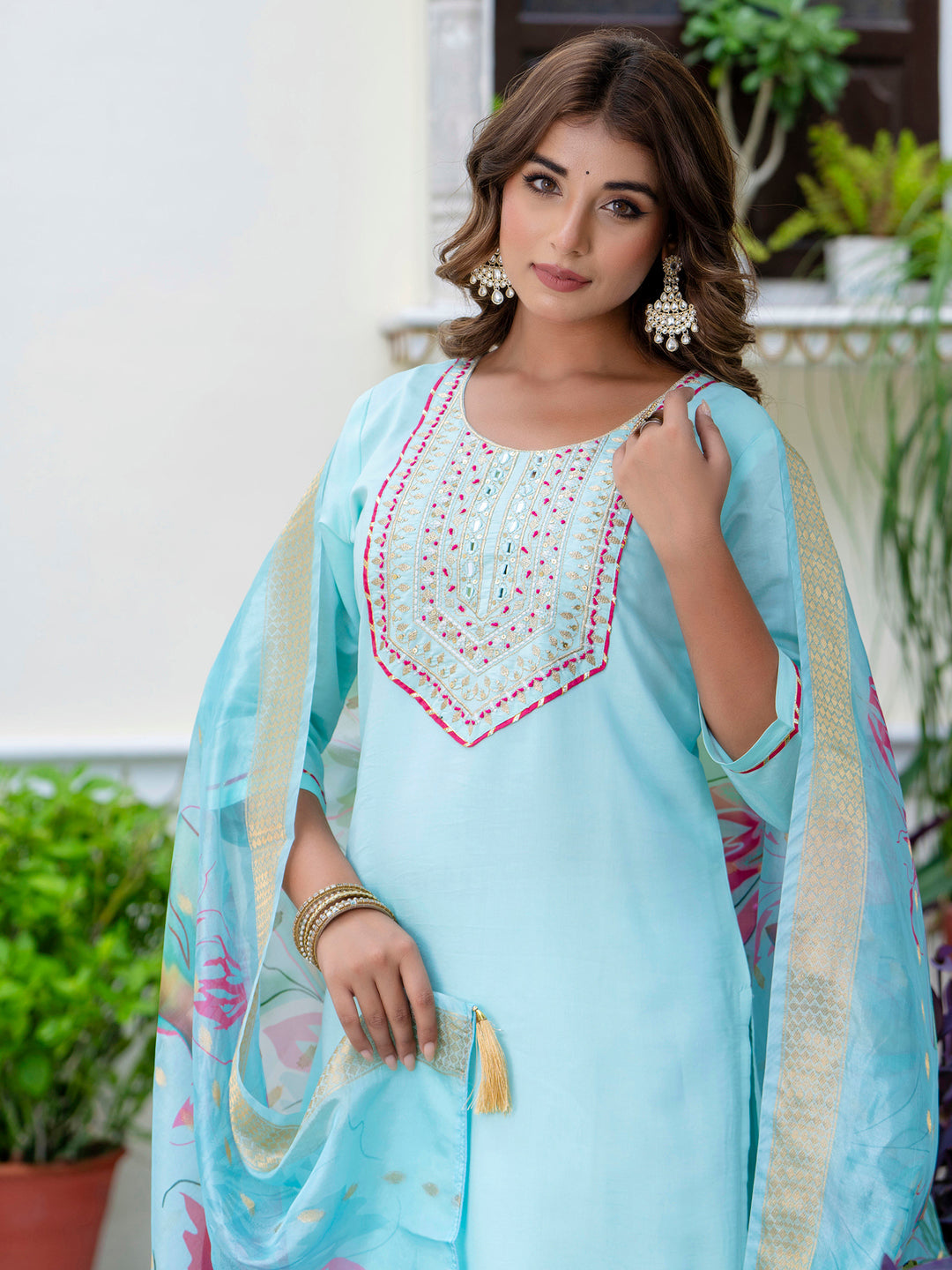 Women's Embroidered Silk Blend Calf Length Straight Kurta Trouser with Dupatta Set - FitVibe Fashion