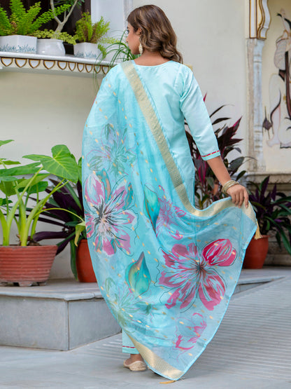 Women's Embroidered Silk Blend Calf Length Straight Kurta Trouser with Dupatta Set - FitVibe Fashion