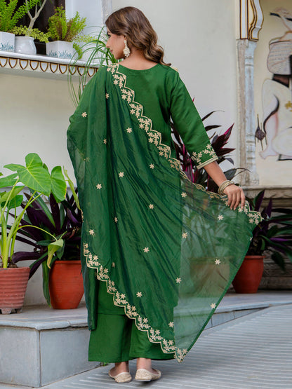 Women's Embroidered Silk Blend Calf Length Straight Kurta with Palazzo & Dupatta Set - FitVibe Fashion