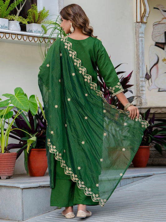 Women's Embroidered Silk Blend Calf Length Straight Kurta with Palazzo & Dupatta Set - FitVibe Fashion