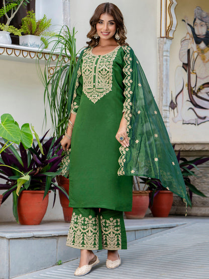 Women's Embroidered Silk Blend Calf Length Straight Kurta with Palazzo & Dupatta Set - FitVibe Fashion