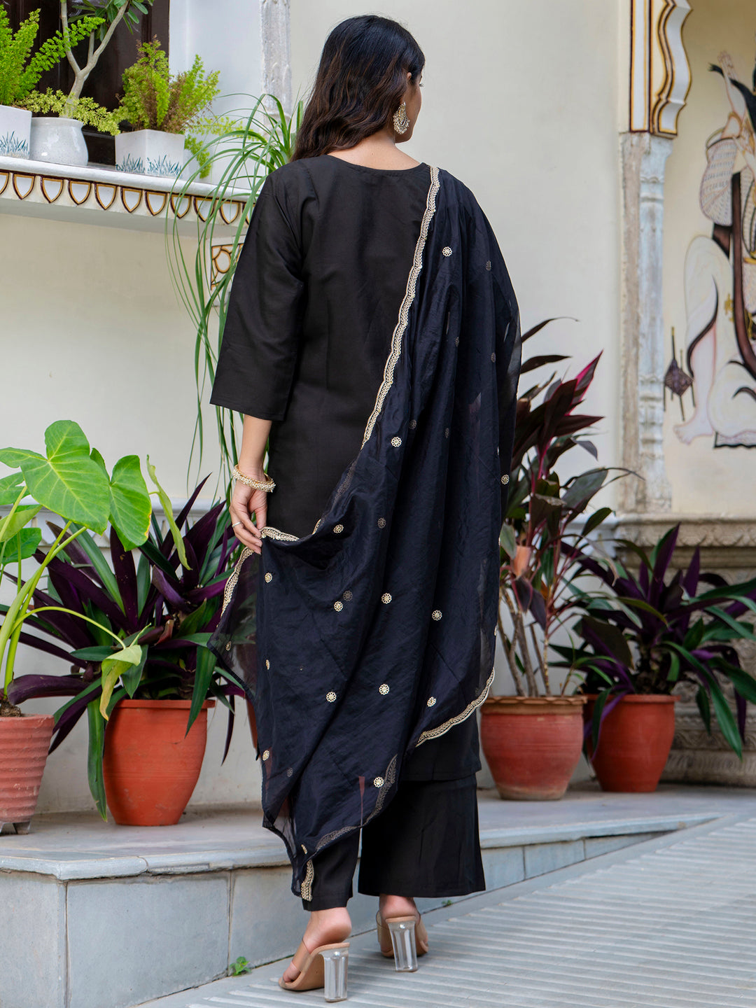 Women's Embroidered Silk Blend Calf Length Straight Kurta with Palazzo & Dupatta Set - FitVibe Fashion