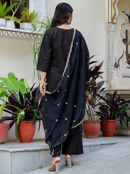 Women's Embroidered Silk Blend Calf Length Straight Kurta with Palazzo & Dupatta Set - FitVibe Fashion