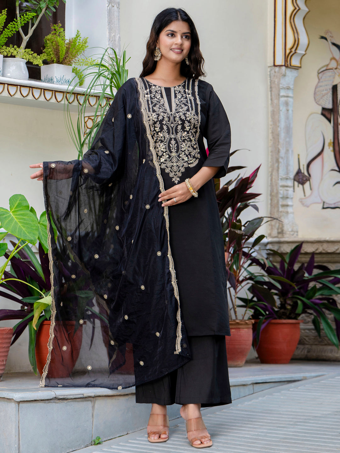 Women's Embroidered Silk Blend Calf Length Straight Kurta with Palazzo & Dupatta Set - FitVibe Fashion