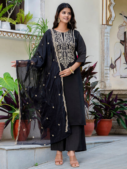 Women's Embroidered Silk Blend Calf Length Straight Kurta with Palazzo & Dupatta Set - FitVibe Fashion