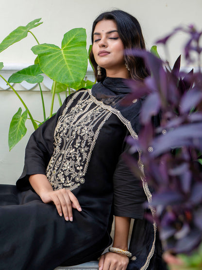 Women's Embroidered Silk Blend Calf Length Straight Kurta with Palazzo & Dupatta Set - FitVibe Fashion