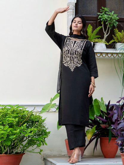Women's Embroidered Silk Blend Calf Length Straight Kurta with Palazzo & Dupatta Set - FitVibe Fashion