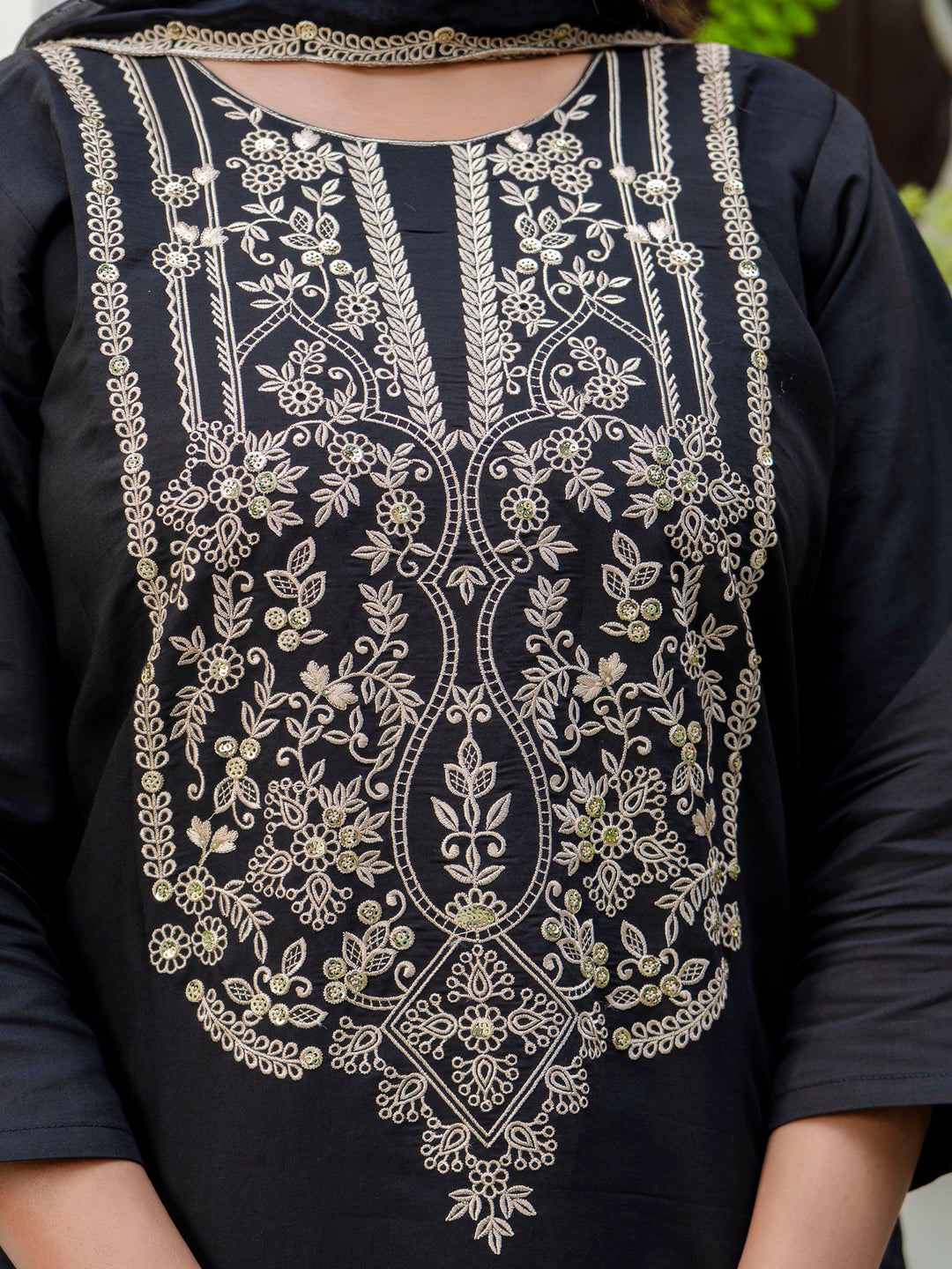 Women's Embroidered Silk Blend Calf Length Straight Kurta with Palazzo & Dupatta Set - FitVibe Fashion