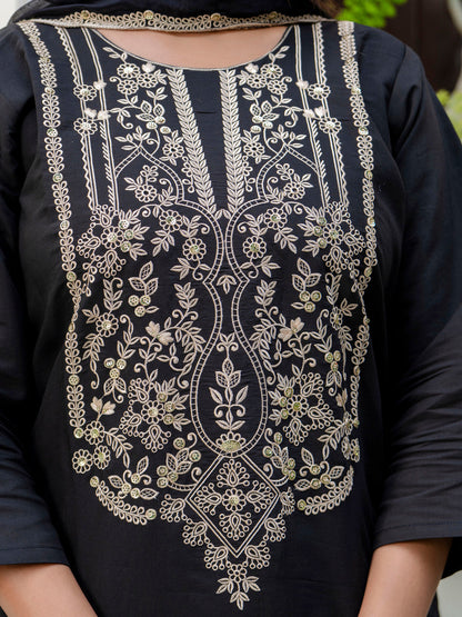 Women's Embroidered Silk Blend Calf Length Straight Kurta with Palazzo & Dupatta Set - FitVibe Fashion