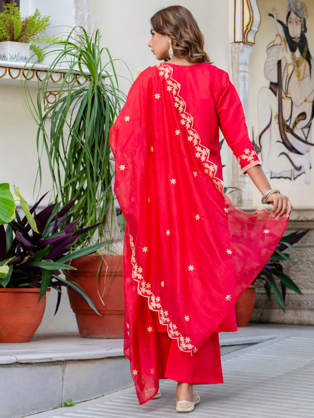 Women's Embroidered Silk Blend Calf Length Straight Kurta with Palazzo & Dupatta Set - FitVibe Fashion